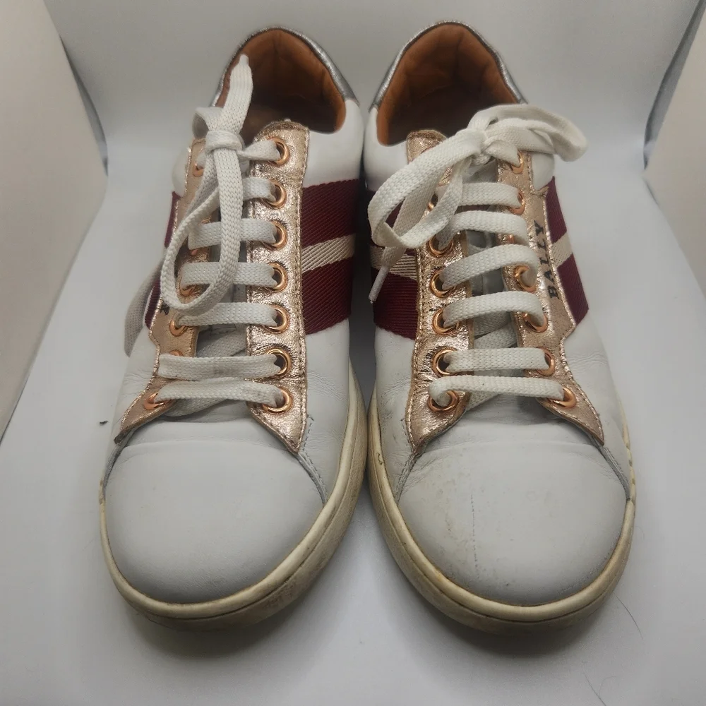 Bally Women's Size 5.5 White Leather Sneakers‎ with Burgundy Stripe Switzerland